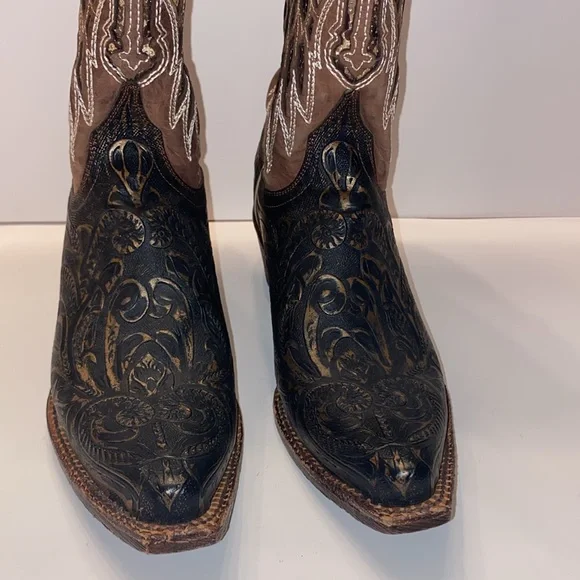 Women's Ferrini Western Hand Tooled Brown Leather Cross Wing Cowboy Boots Sz 7.5 - Picture 4 of 15